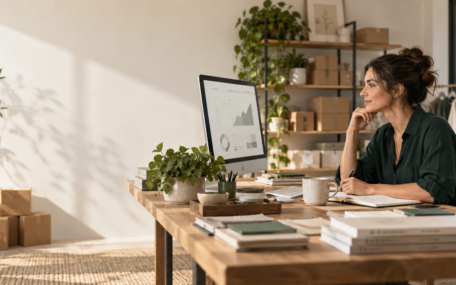 A small-business owner confidently reviewing a clearer view of her business
